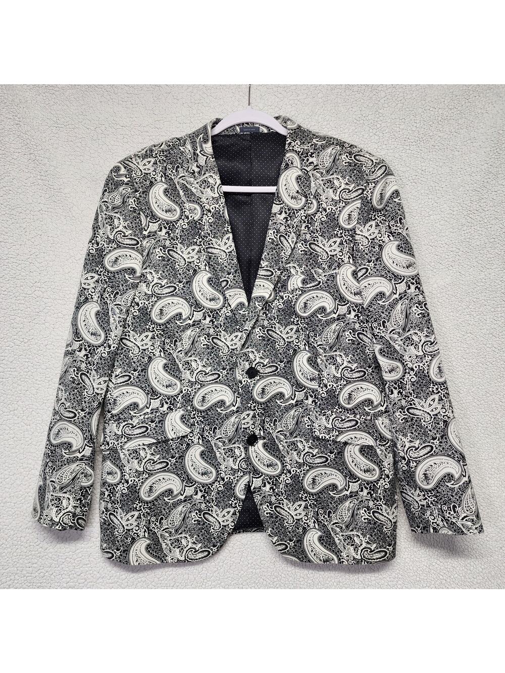 Madison Mens Modern Fit Paisley Sport Coat Blazer 40S Black White Cotton Preppy